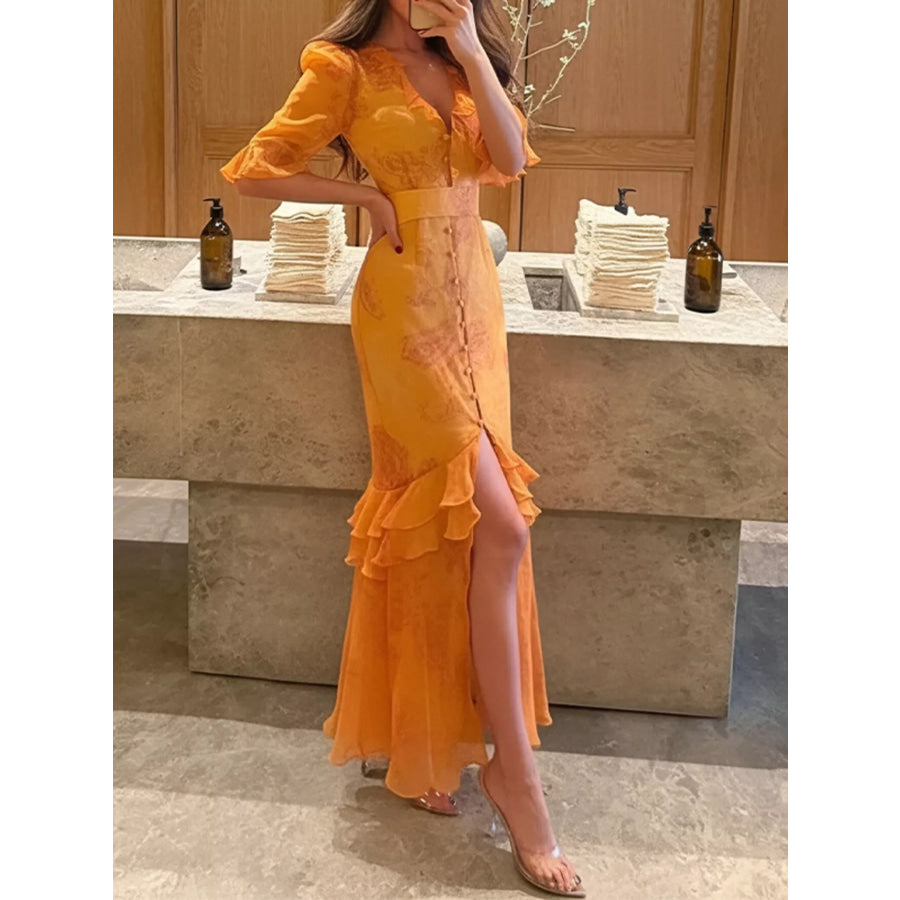 Full Size Ruffled Button Front Half Sleeve Dress Plus Size Sherbet / S Apparel and Accessories