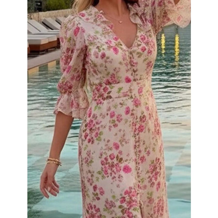 Full Size Ruffled Button Front Half Sleeve Dress Plus Size Apparel and Accessories