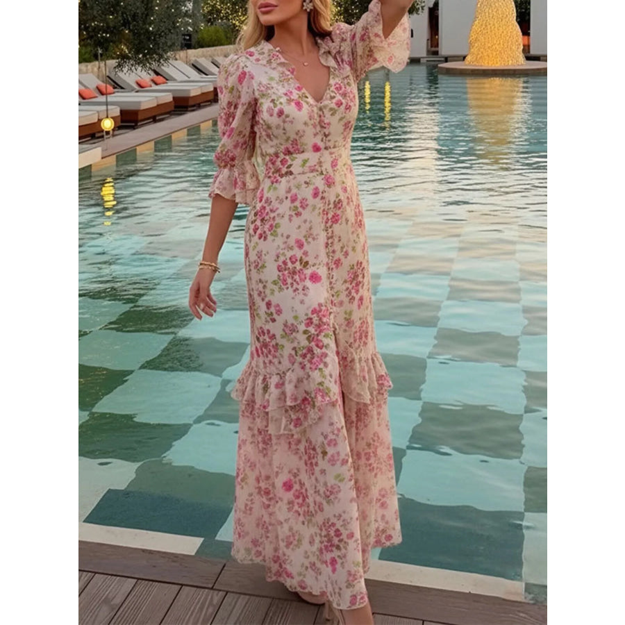 Full Size Ruffled Button Front Half Sleeve Dress Plus Size Pink / S Apparel and Accessories