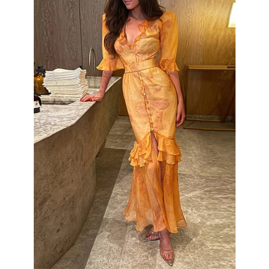 Full Size Ruffled Button Front Half Sleeve Dress Plus Size Sherbet / S Apparel and Accessories