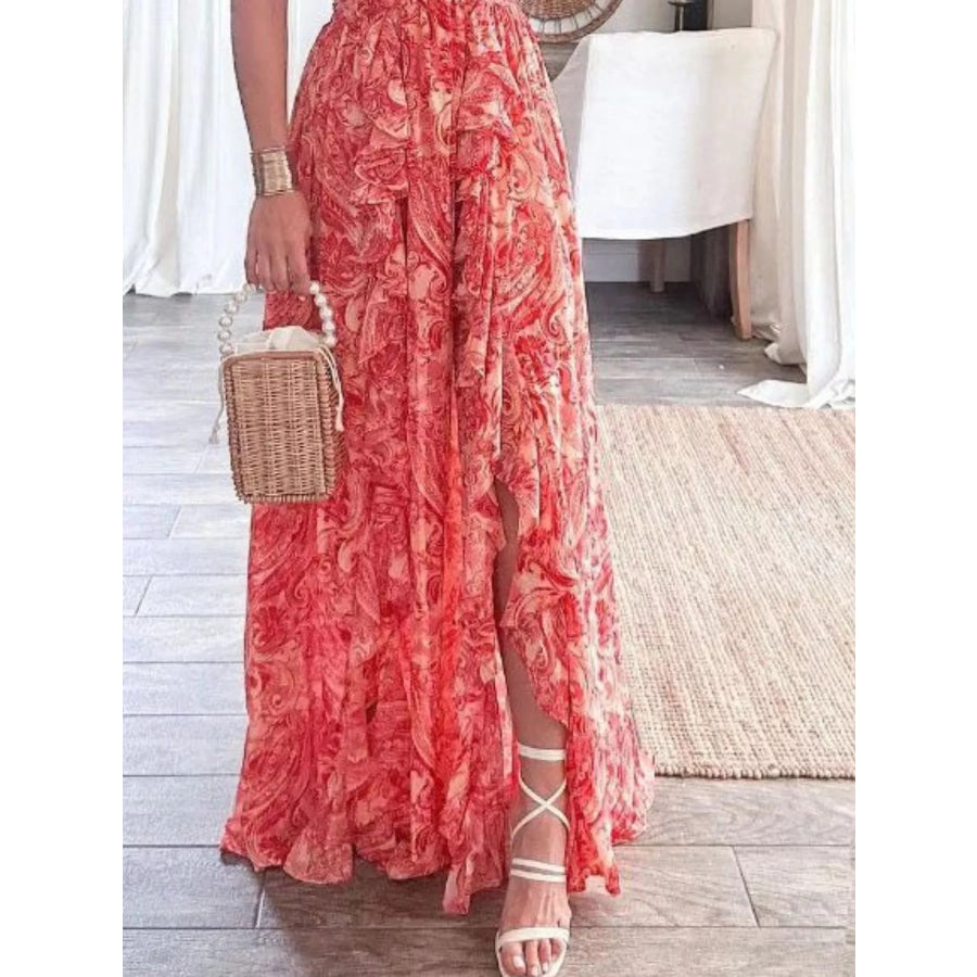 Full Size Ruffled Cutout V-Neck Maxi Dress Plus Size Apparel and Accessories