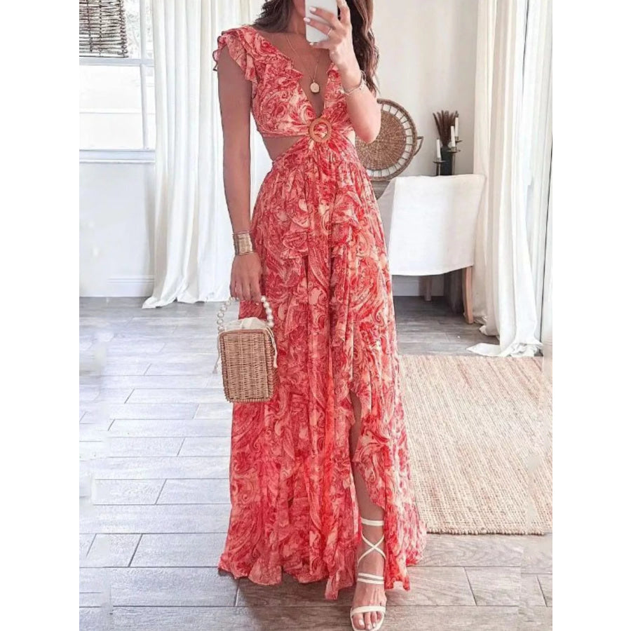 Full Size Ruffled Cutout V-Neck Maxi Dress Plus Size Deep Red / S Apparel and Accessories