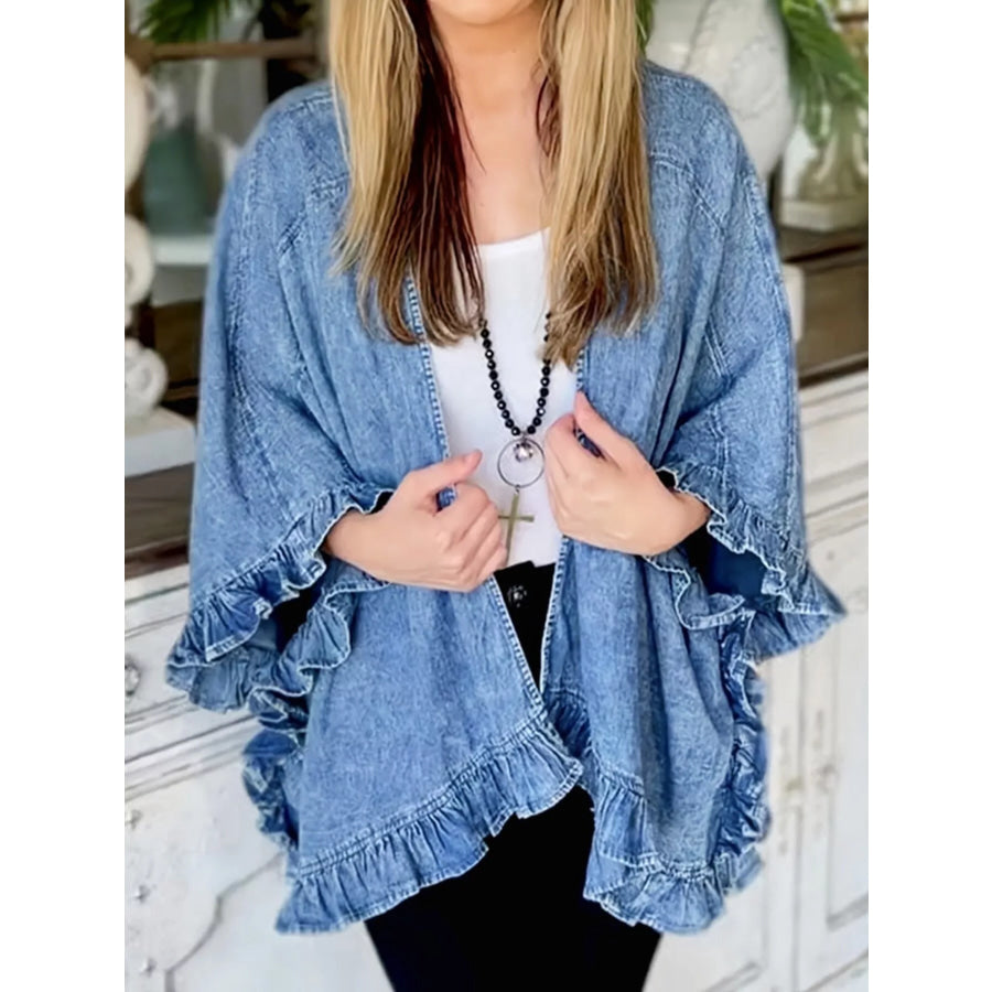 Full Size Ruffled Edge Open Front Denim Jacket Plus Apparel and Accessories
