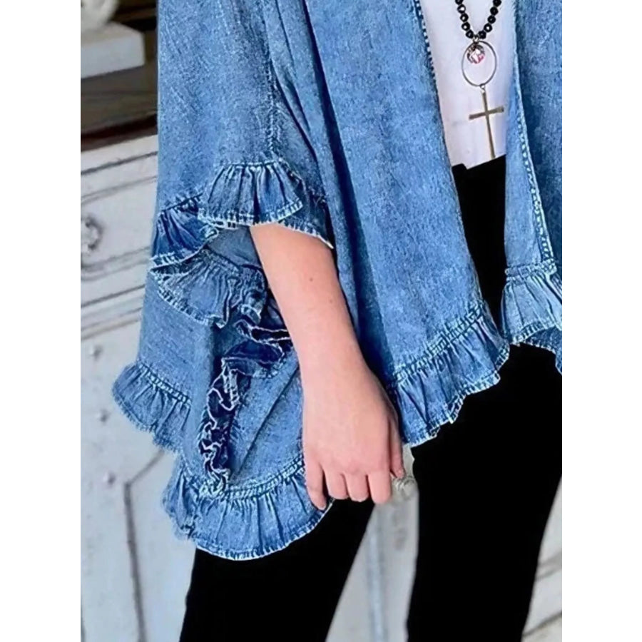 Full Size Ruffled Edge Open Front Denim Jacket Plus Apparel and Accessories
