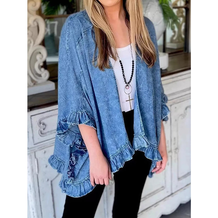 Full Size Ruffled Edge Open Front Denim Jacket Plus Royal Blue / S Apparel and Accessories