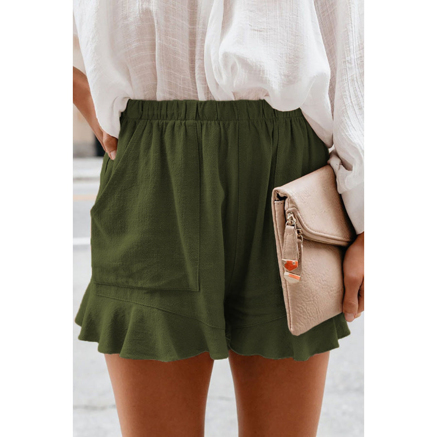 Full Size Ruffled Elastic Waist Shorts Army Green / S Apparel and Accessories