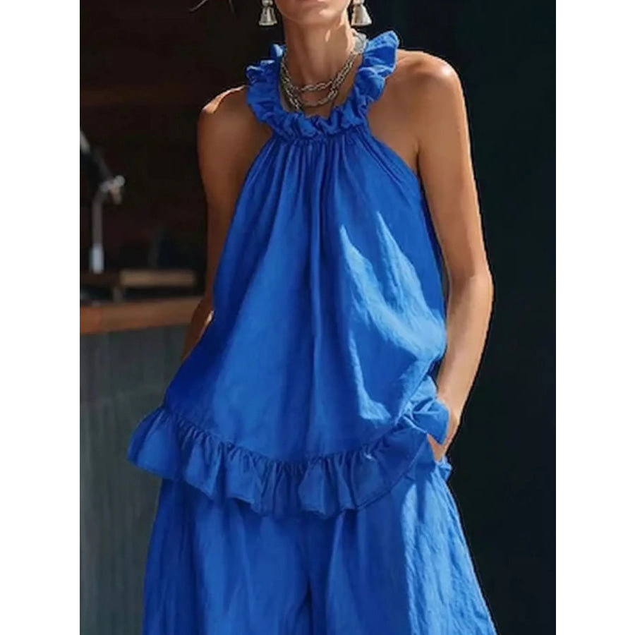 Full Size Ruffled Halter Neck Top and Wide-Leg Pants Set Plus Size Apparel and Accessories