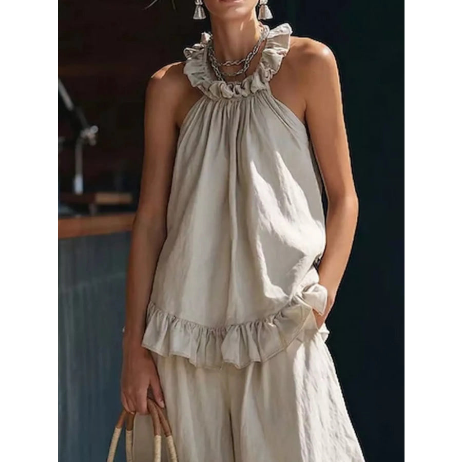 Full Size Ruffled Halter Neck Top and Wide-Leg Pants Set Plus Size Apparel and Accessories