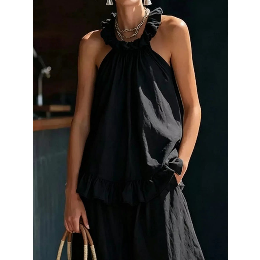 Full Size Ruffled Halter Neck Top and Wide-Leg Pants Set Plus Size Apparel and Accessories