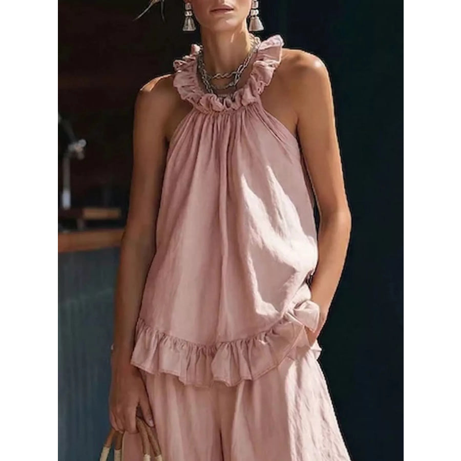 Full Size Ruffled Halter Neck Top and Wide-Leg Pants Set Plus Size Apparel and Accessories