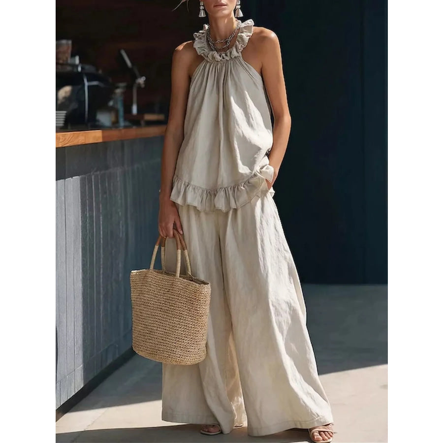 Full Size Ruffled Halter Neck Top and Wide-Leg Pants Set Plus Size Apricot / S Apparel and Accessories