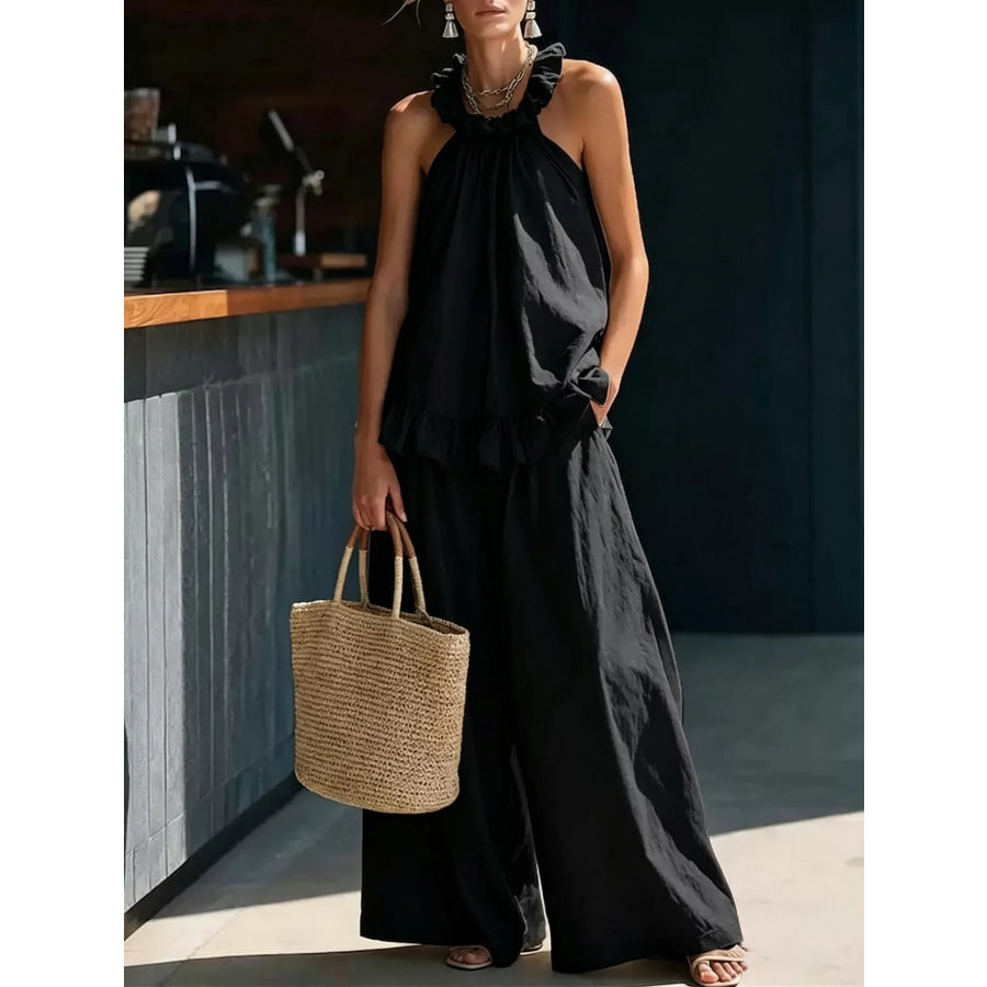 Full Size Ruffled Halter Neck Top and Wide-Leg Pants Set Plus Size Black / S Apparel and Accessories