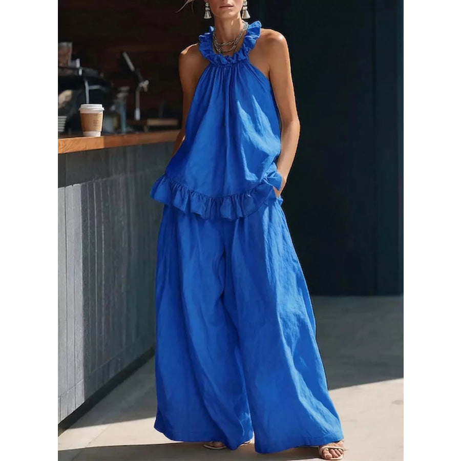 Full Size Ruffled Halter Neck Top and Wide-Leg Pants Set Plus Size Blue / S Apparel and Accessories