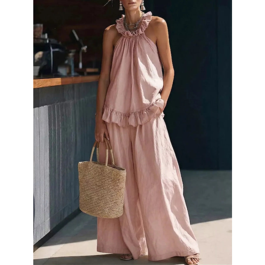 Full Size Ruffled Halter Neck Top and Wide-Leg Pants Set Plus Size Pink / S Apparel and Accessories