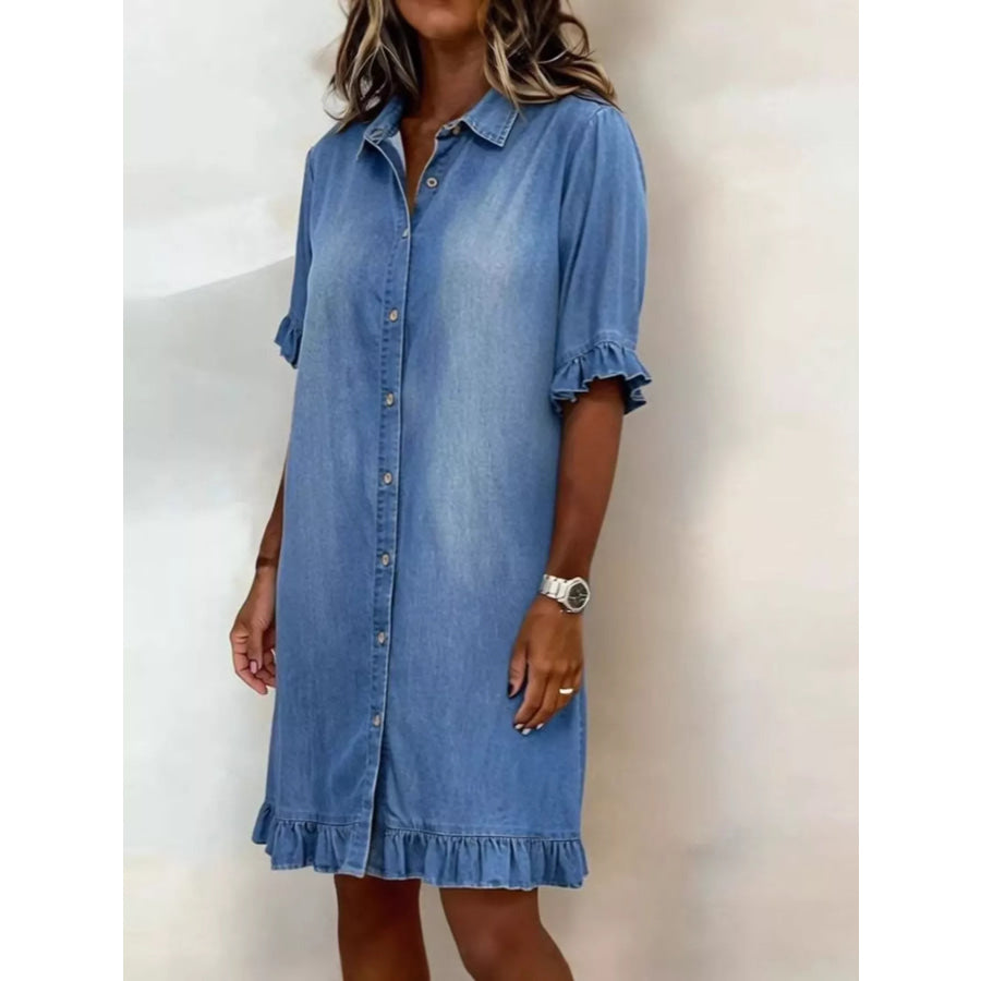 Full Size Ruffled Hem Denim Shirt Dress Plus Size Apparel and Accessories