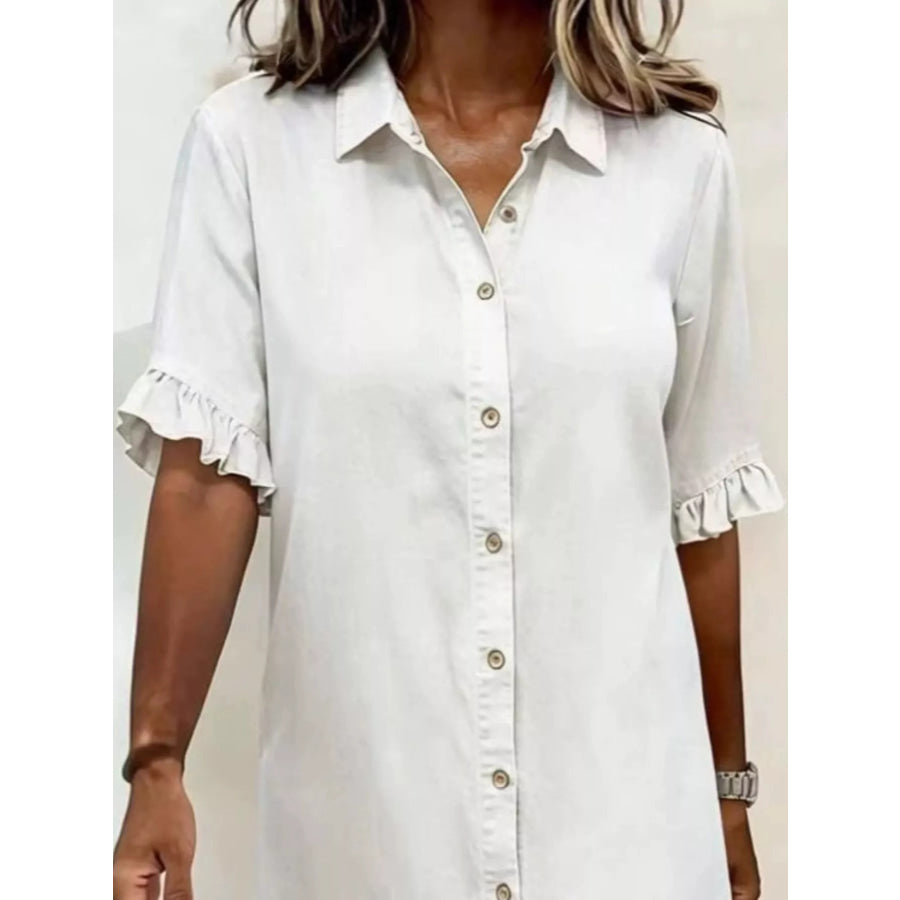 Full Size Ruffled Hem Denim Shirt Dress Plus Size Apparel and Accessories