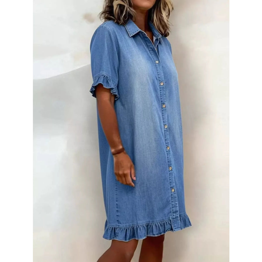 Full Size Ruffled Hem Denim Shirt Dress Plus Size Apparel and Accessories