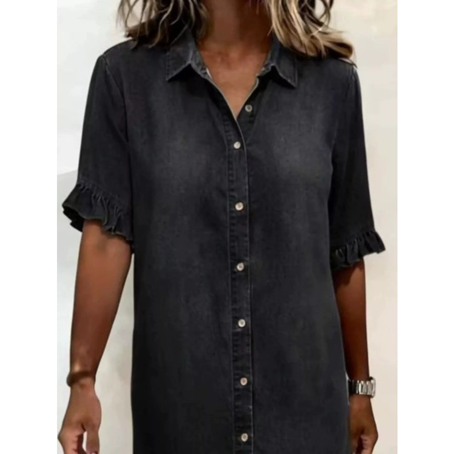 Full Size Ruffled Hem Denim Shirt Dress Plus Size Apparel and Accessories