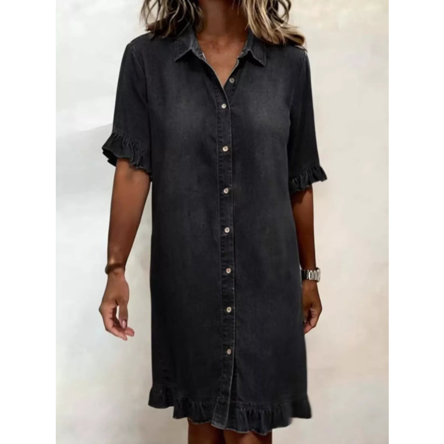 Full Size Ruffled Hem Denim Shirt Dress Plus Size Black / S Apparel and Accessories