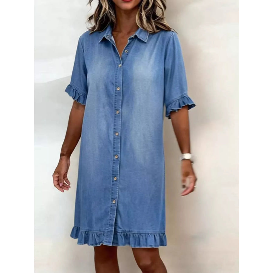 Full Size Ruffled Hem Denim Shirt Dress Plus Size Blue / S Apparel and Accessories