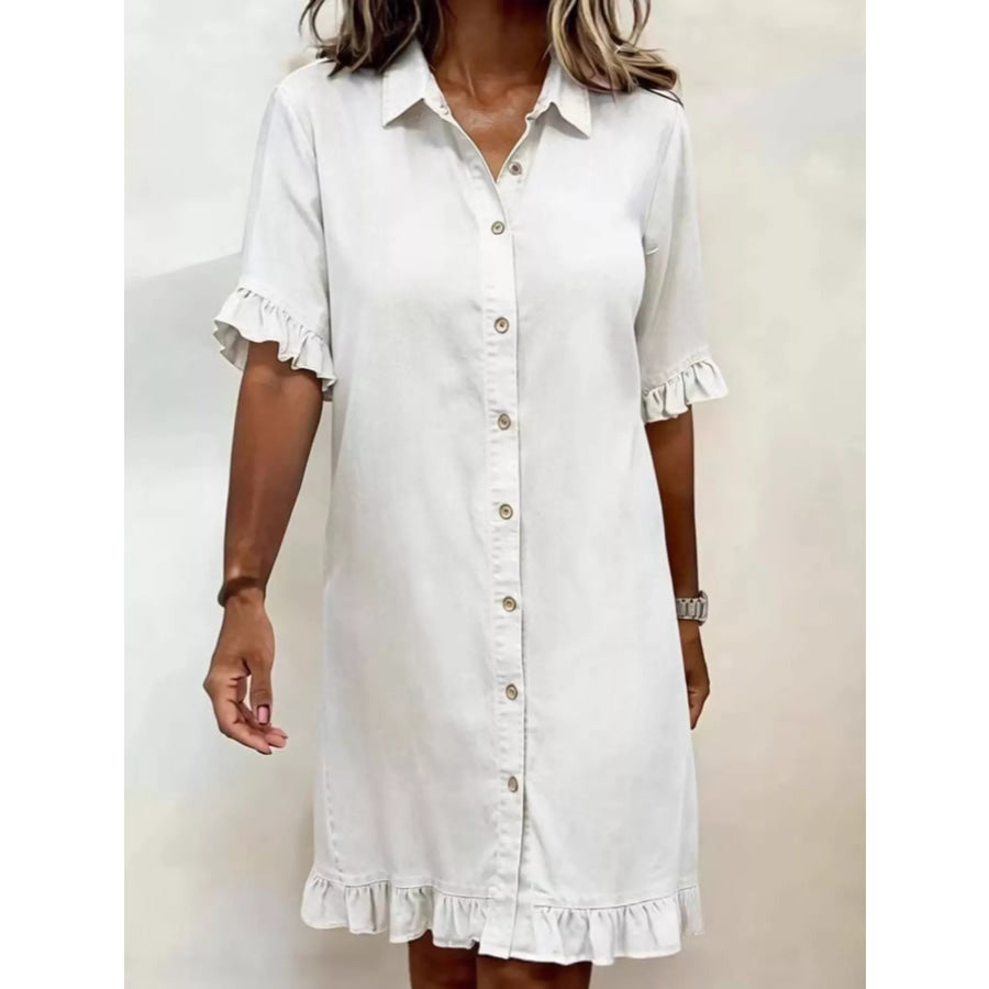 Full Size Ruffled Hem Denim Shirt Dress Plus Size White / S Apparel and Accessories