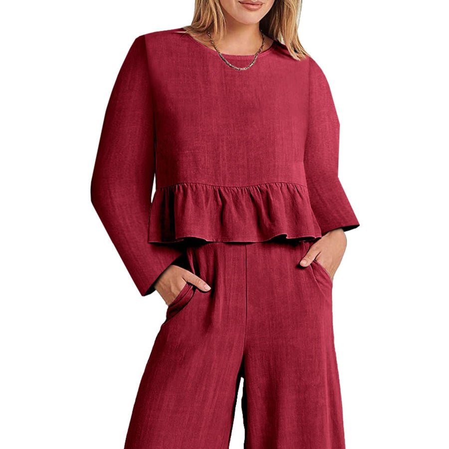 Full Size Ruffled Hem Long Sleeve Top and Pants Set Plus Size Apparel and Accessories