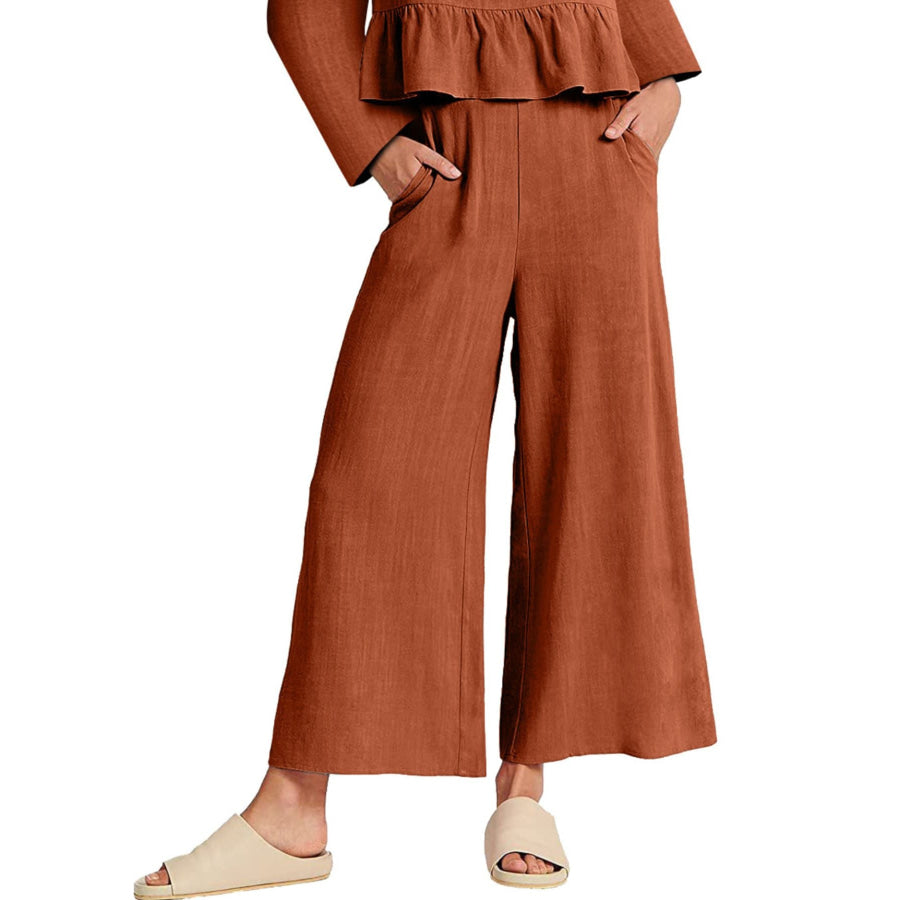 Full Size Ruffled Hem Long Sleeve Top and Pants Set Plus Size Apparel and Accessories