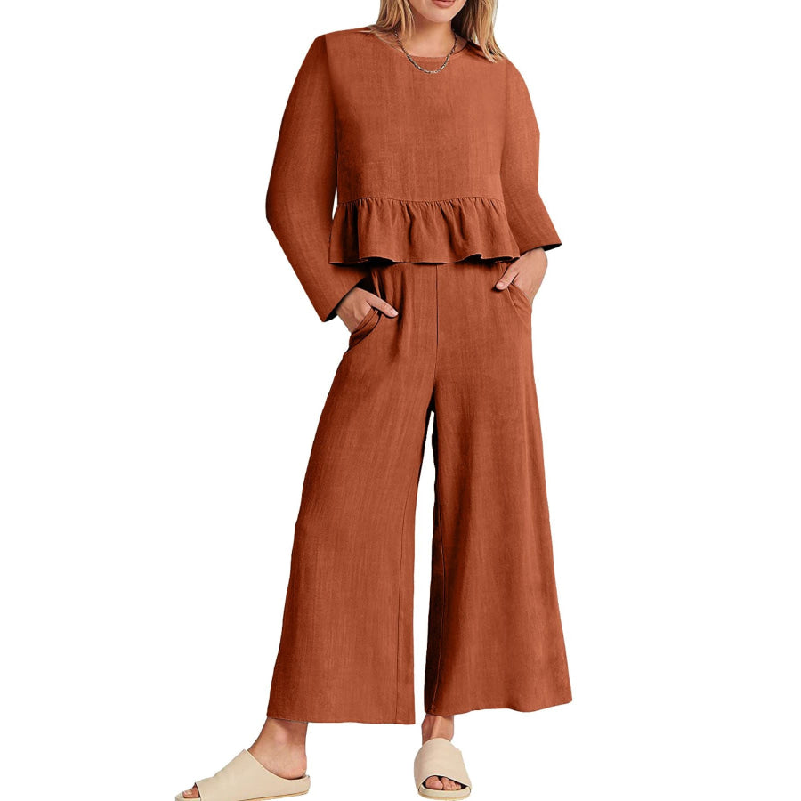 Full Size Ruffled Hem Long Sleeve Top and Pants Set Plus Size Orange / S Apparel and Accessories