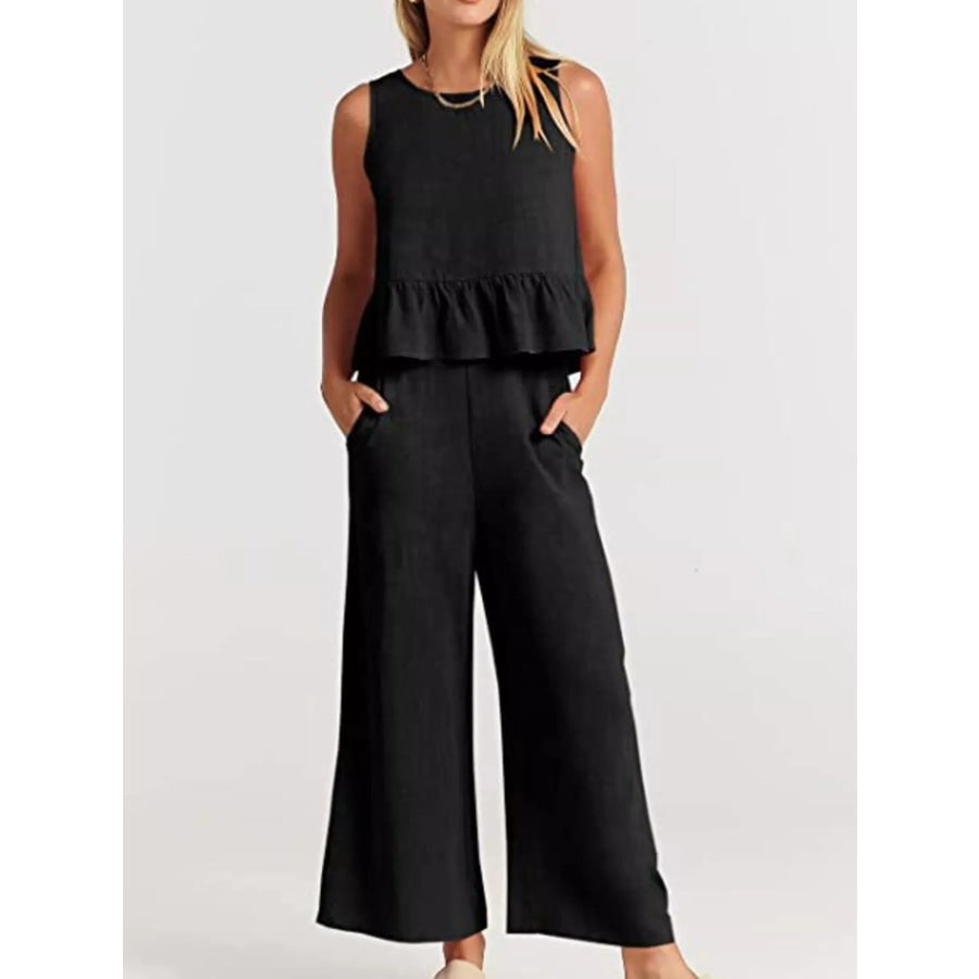 Full Size Ruffled Hem Sleeveless Top and Wide-Leg Pants Set Plus Size Apparel and Accessories