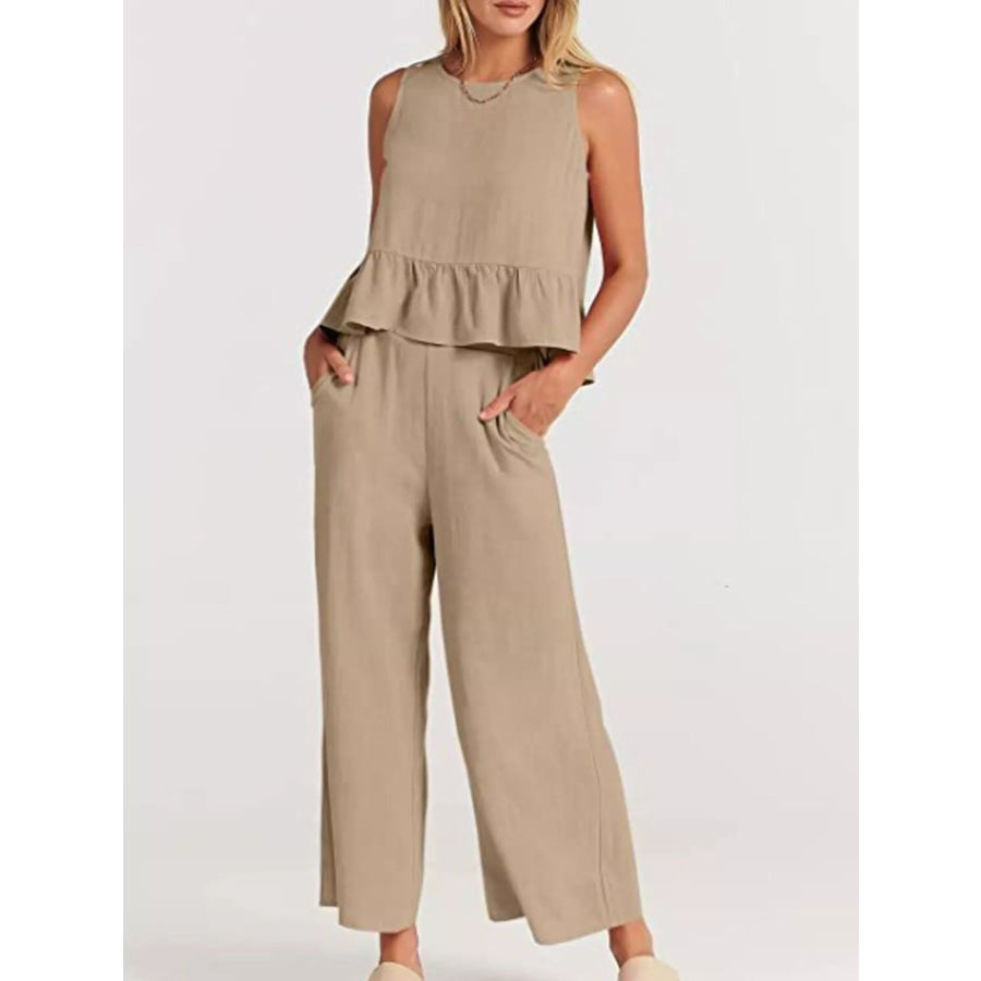 Full Size Ruffled Hem Sleeveless Top and Wide-Leg Pants Set Plus Size Apparel and Accessories
