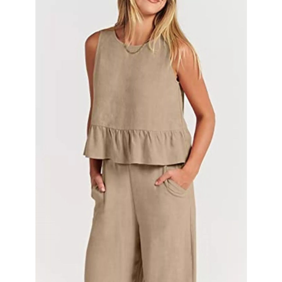 Full Size Ruffled Hem Sleeveless Top and Wide-Leg Pants Set Plus Size Apparel and Accessories