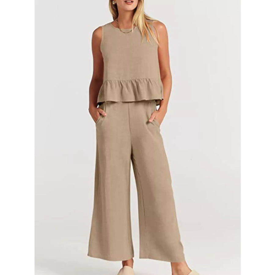 Full Size Ruffled Hem Sleeveless Top and Wide-Leg Pants Set Plus Size Apparel and Accessories