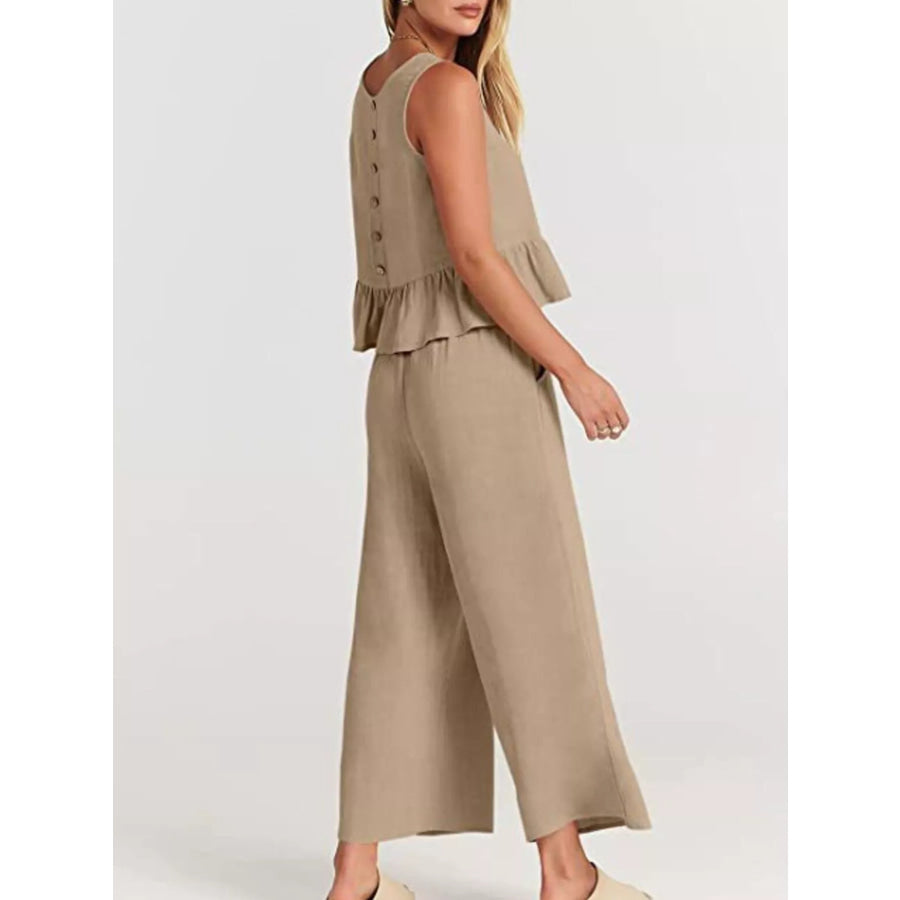 Full Size Ruffled Hem Sleeveless Top and Wide-Leg Pants Set Plus Size Apparel and Accessories