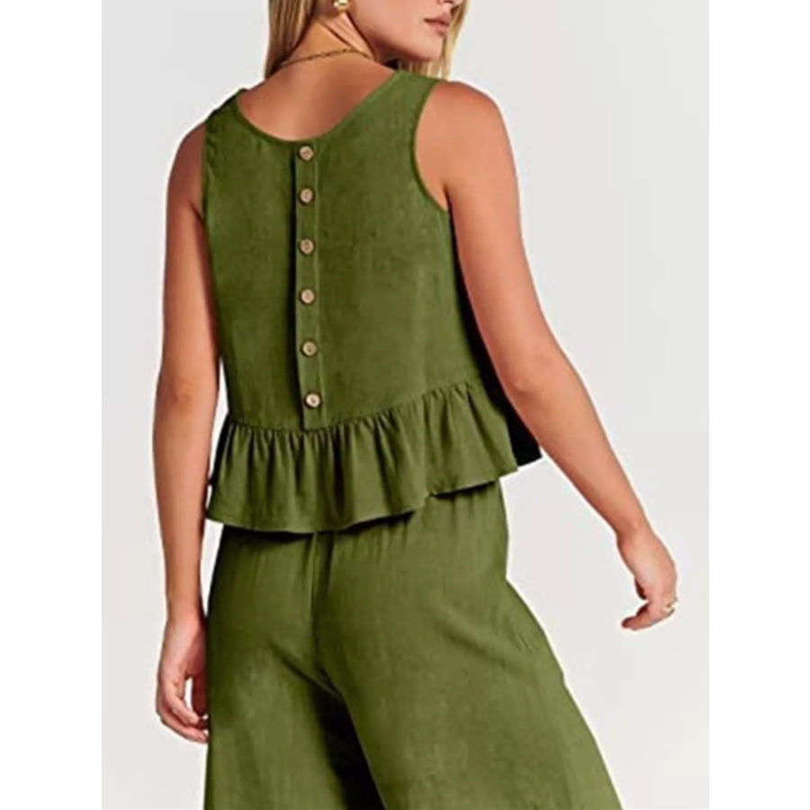 Full Size Ruffled Hem Sleeveless Top and Wide-Leg Pants Set Plus Size Apparel and Accessories