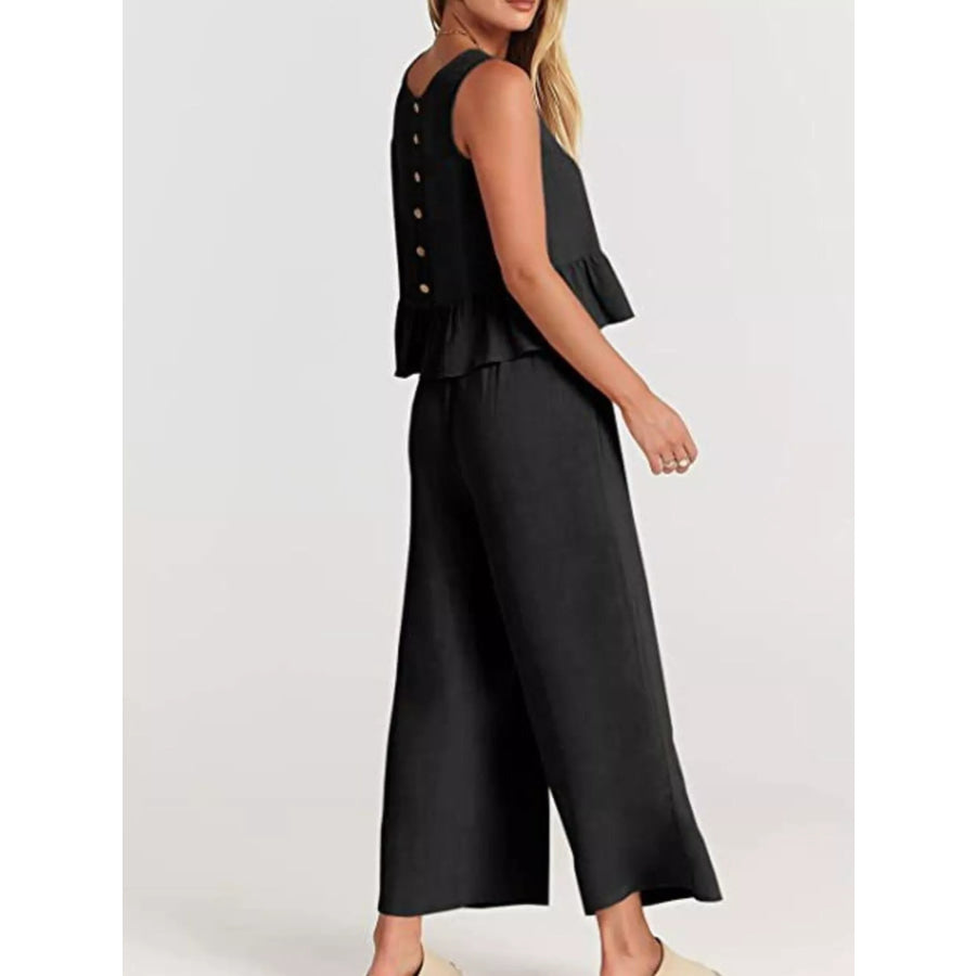 Full Size Ruffled Hem Sleeveless Top and Wide-Leg Pants Set Plus Size Apparel and Accessories