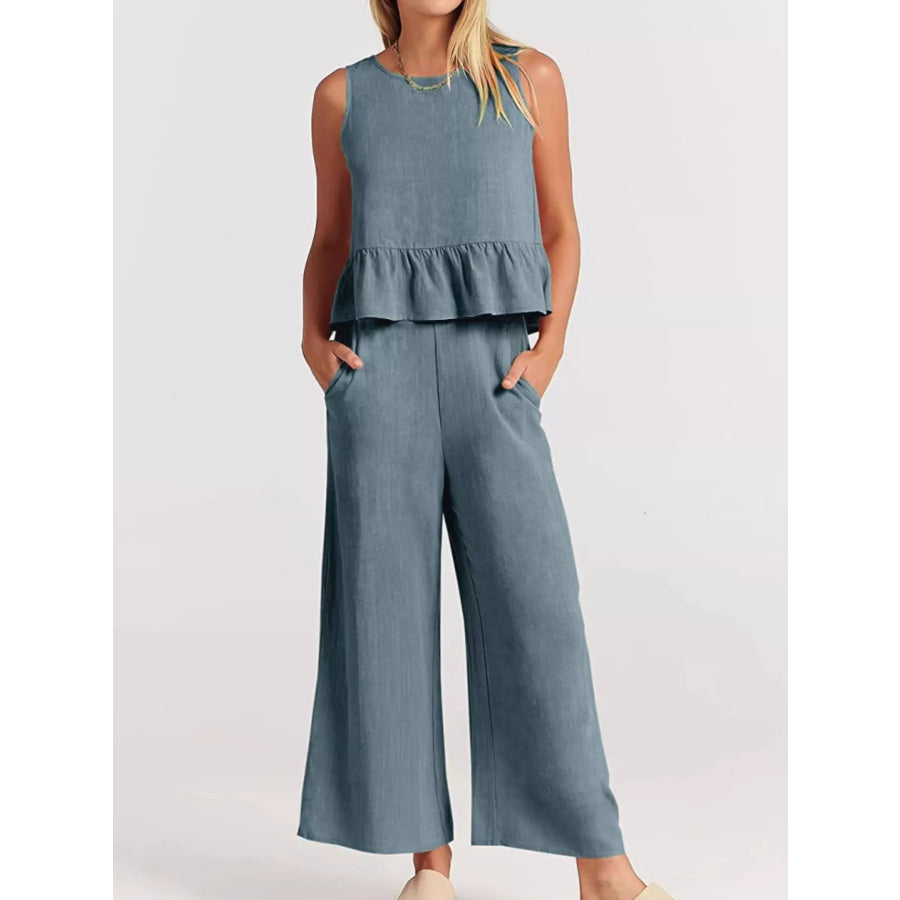 Full Size Ruffled Hem Sleeveless Top and Wide-Leg Pants Set Plus Size Gray Blue / S Apparel and Accessories