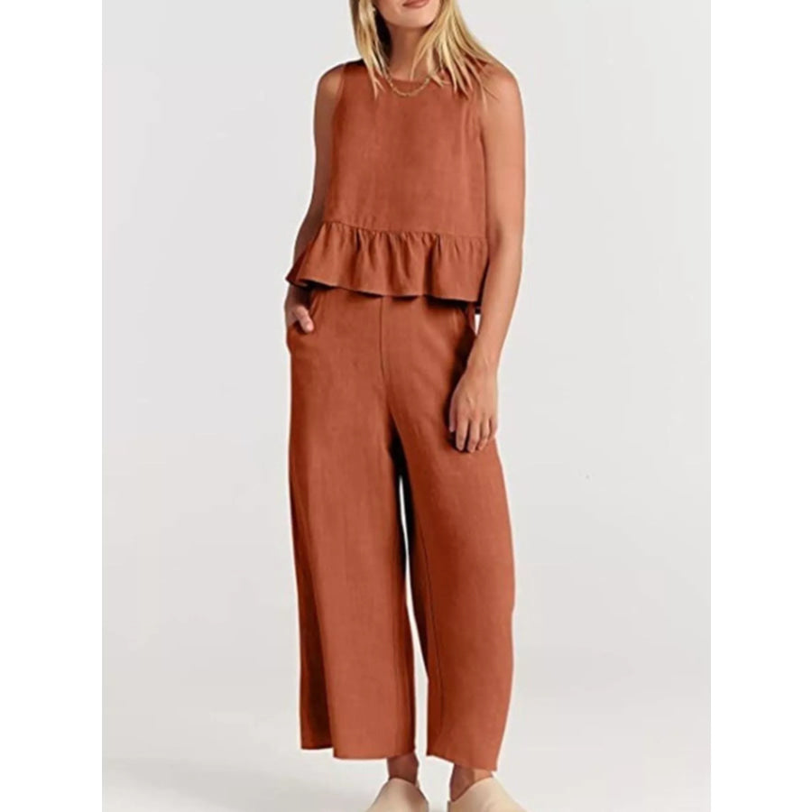 Full Size Ruffled Hem Sleeveless Top and Wide-Leg Pants Set Plus Size Apparel and Accessories
