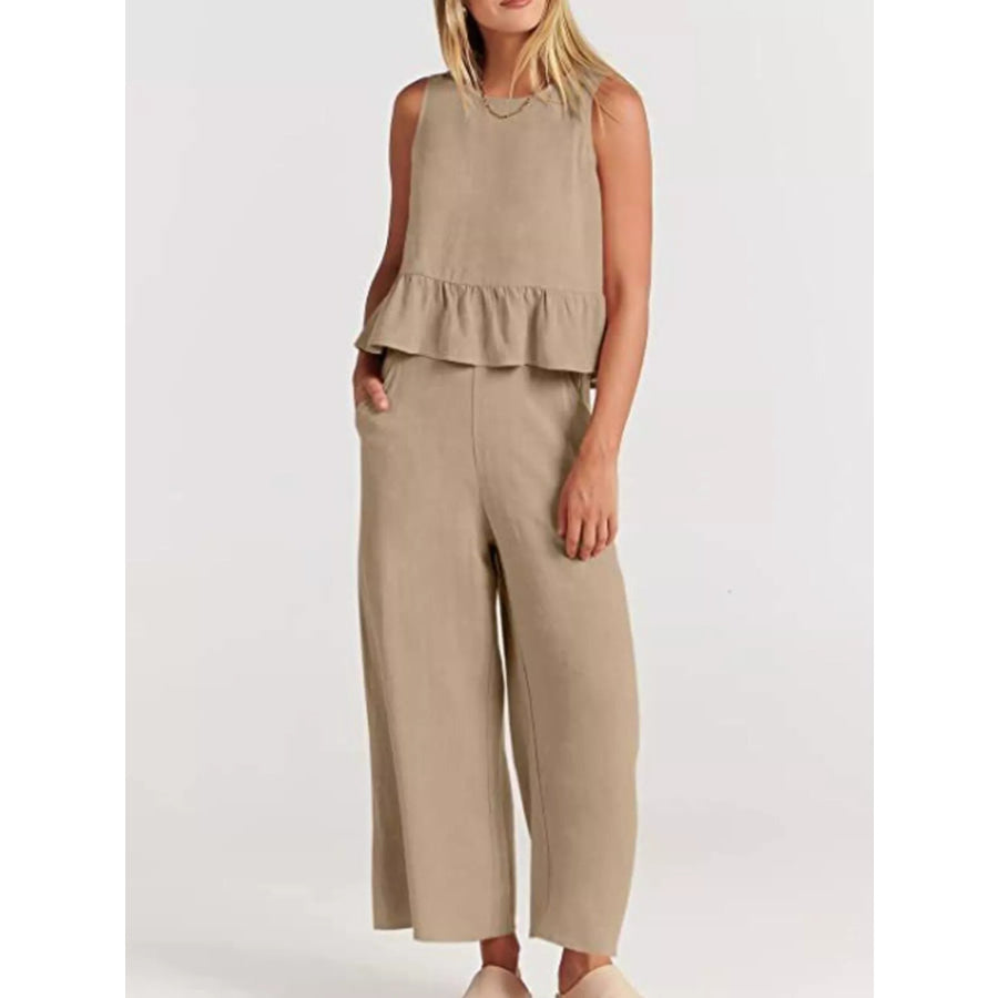 Full Size Ruffled Hem Sleeveless Top and Wide-Leg Pants Set Plus Size Apparel and Accessories