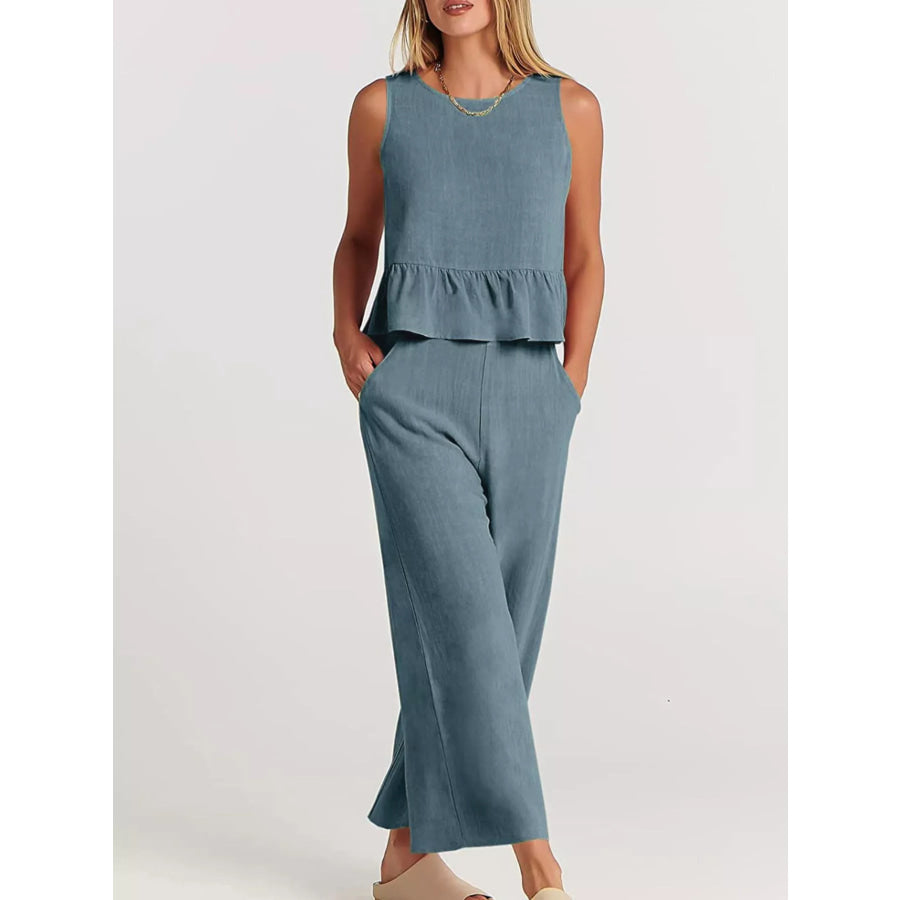Full Size Ruffled Hem Sleeveless Top and Wide-Leg Pants Set Plus Size Apparel and Accessories