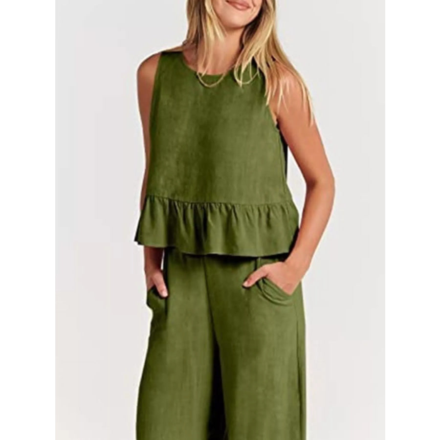 Full Size Ruffled Hem Sleeveless Top and Wide-Leg Pants Set Plus Size Apparel and Accessories