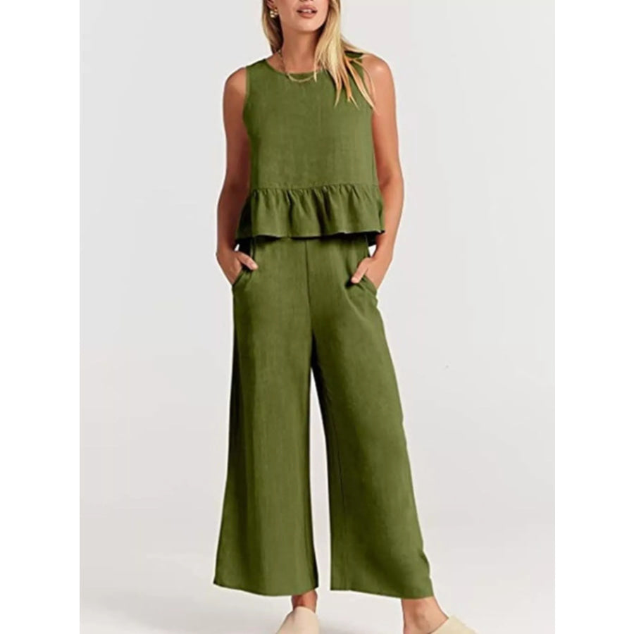 Full Size Ruffled Hem Sleeveless Top and Wide-Leg Pants Set Plus Size Army Green / S Apparel and Accessories