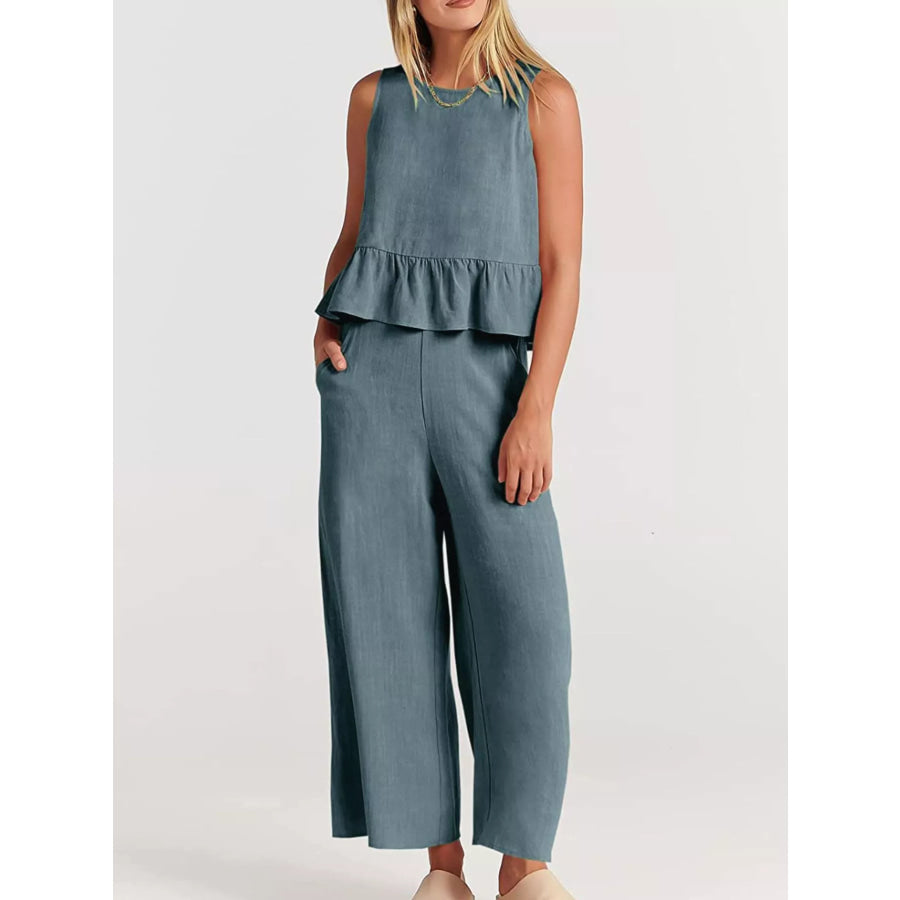 Full Size Ruffled Hem Sleeveless Top and Wide-Leg Pants Set Plus Size Gray Blue / S Apparel and Accessories