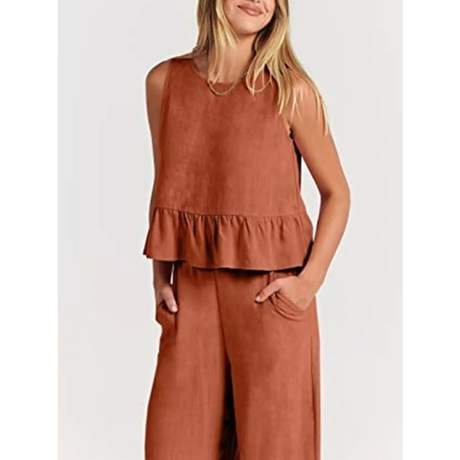 Full Size Ruffled Hem Sleeveless Top and Wide-Leg Pants Set Plus Size Orange / S Apparel and Accessories