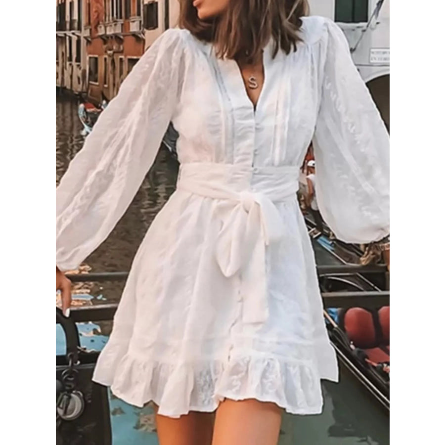 Full Size Ruffled Hem Tie Waist Long Sleeve Dress Plus Size Apparel and Accessories