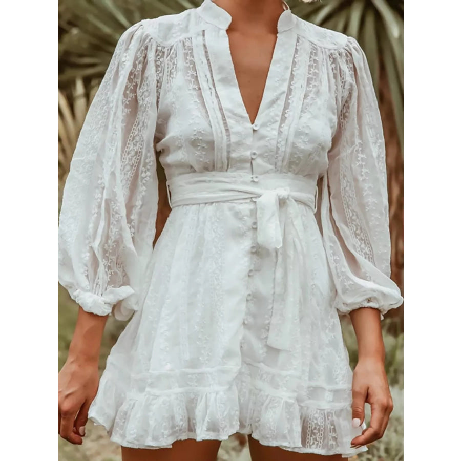 Full Size Ruffled Hem Tie Waist Long Sleeve Dress Plus Size Apparel and Accessories