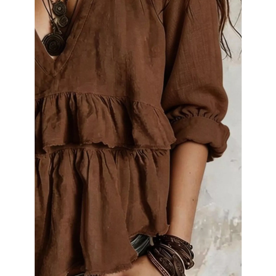 Full Size Ruffled Hem V-Neck Blouse Plus Apparel and Accessories