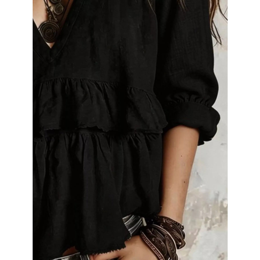 Full Size Ruffled Hem V-Neck Blouse Plus Apparel and Accessories