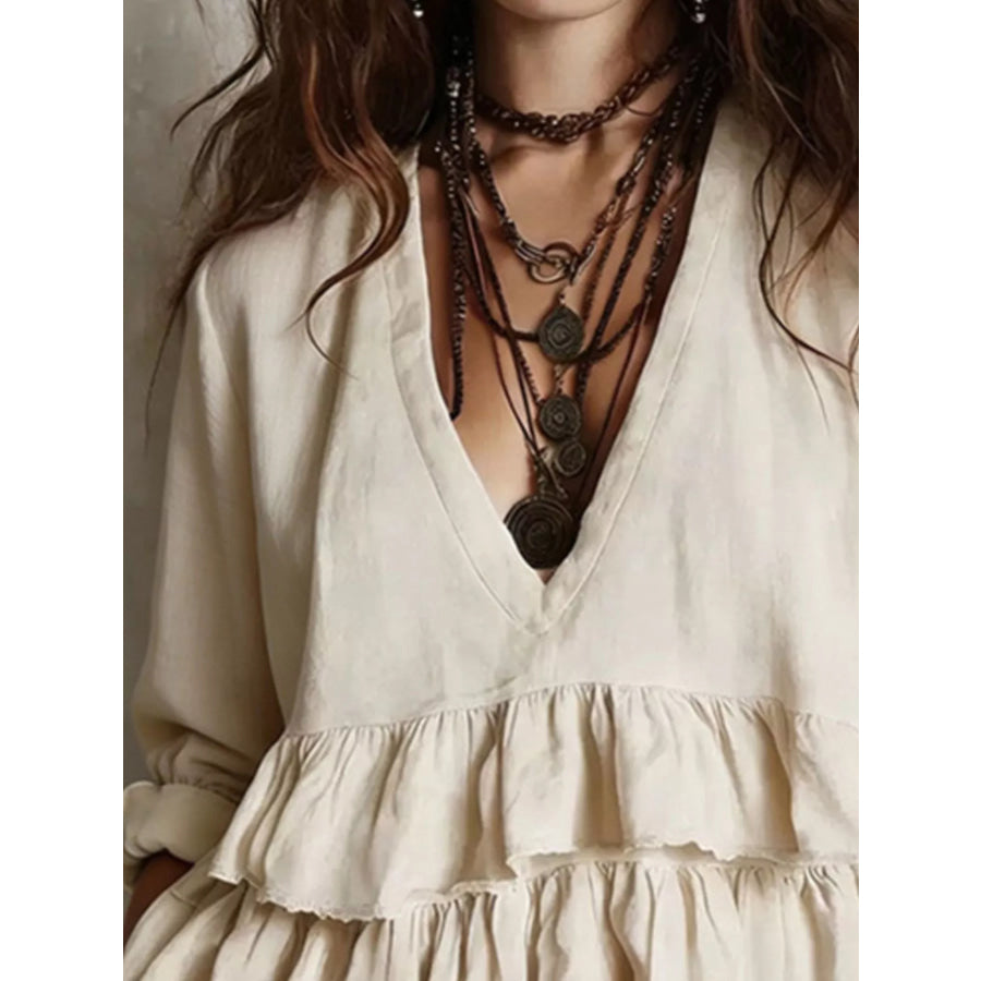Full Size Ruffled Hem V-Neck Blouse Plus Apparel and Accessories