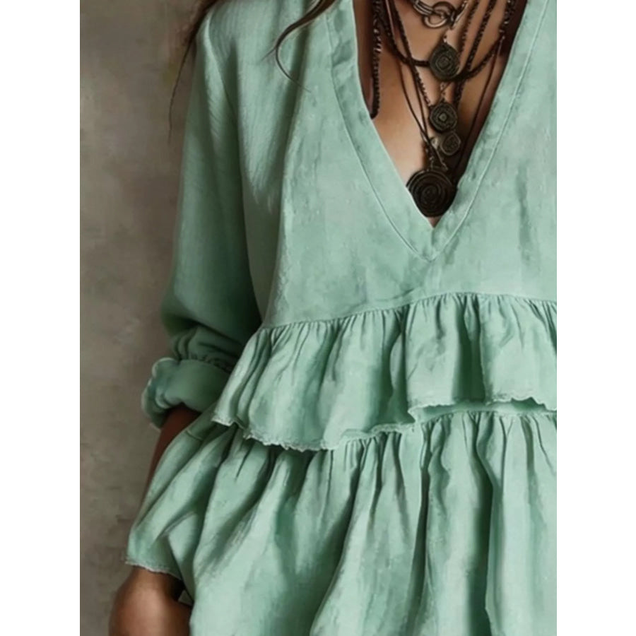 Full Size Ruffled Hem V-Neck Blouse Plus Apparel and Accessories