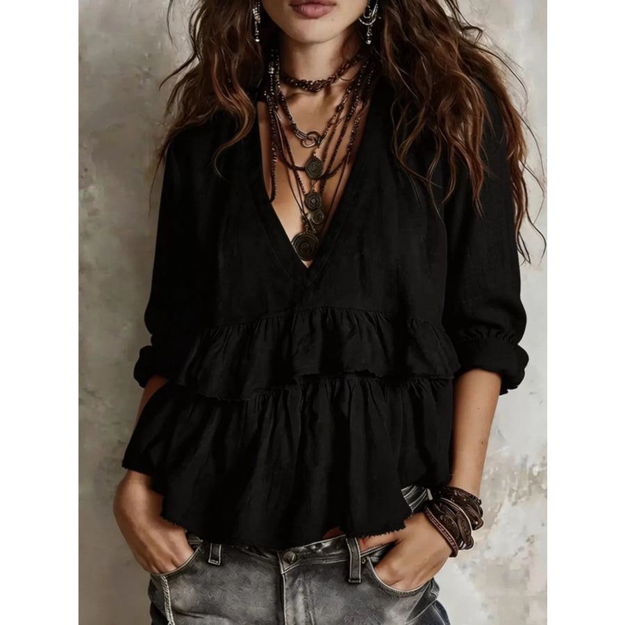 Full Size Ruffled Hem V-Neck Blouse Plus Black / S Apparel and Accessories